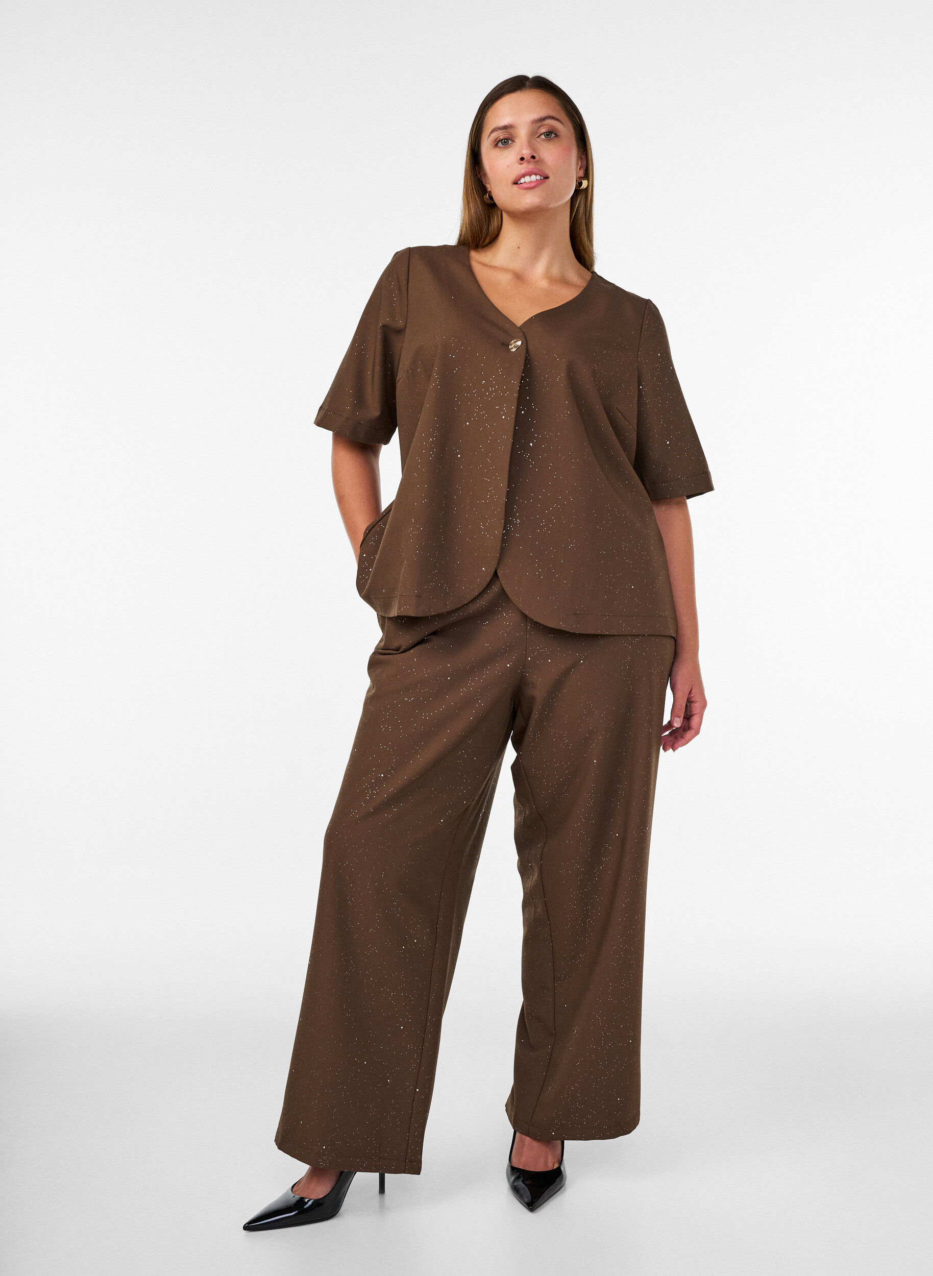 Broek met glitter en wijde pijpen, Bruin, Model