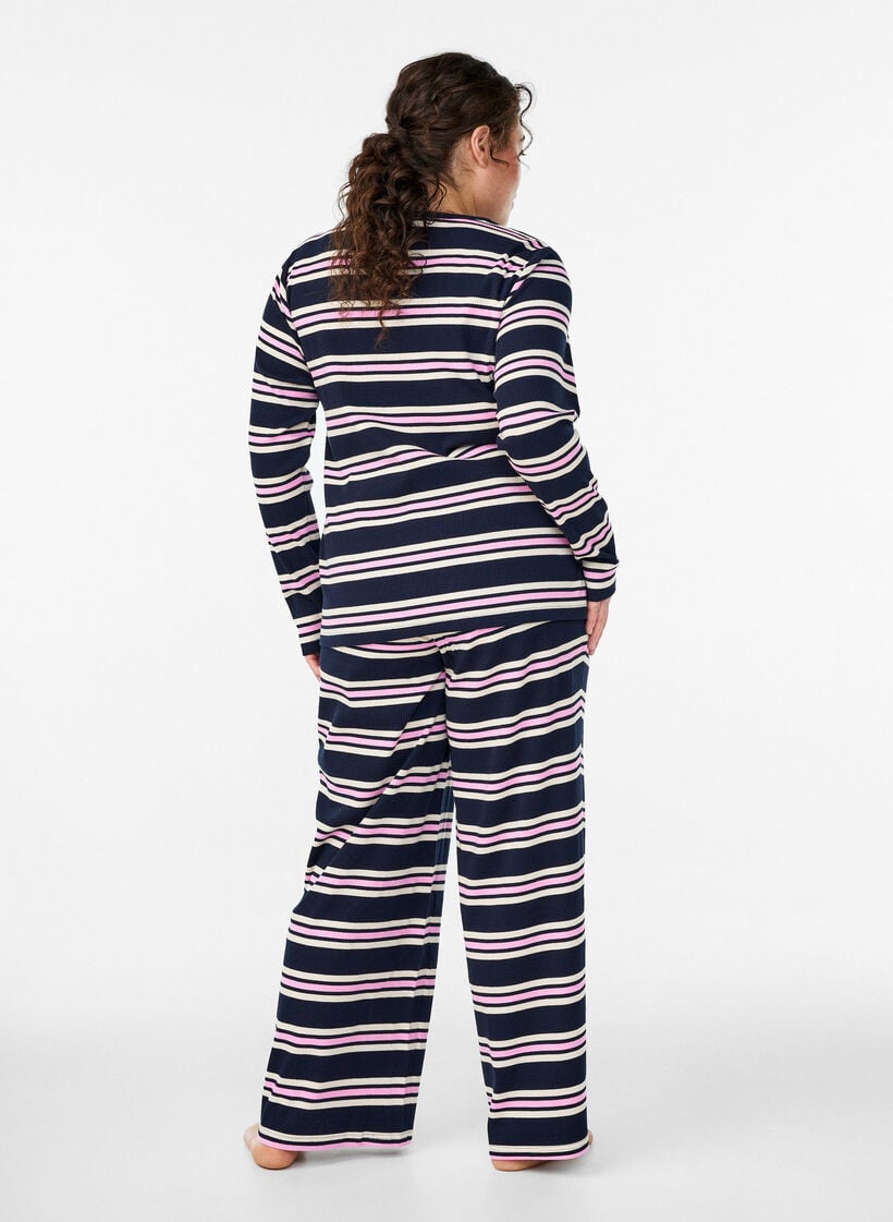 Gestreepte pyjamabroek met wijde pijpen, Blauw, Model image number 2