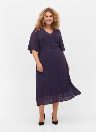 Jurk met korte mouwen en plooien, Purple Velvet, Model image number 2
