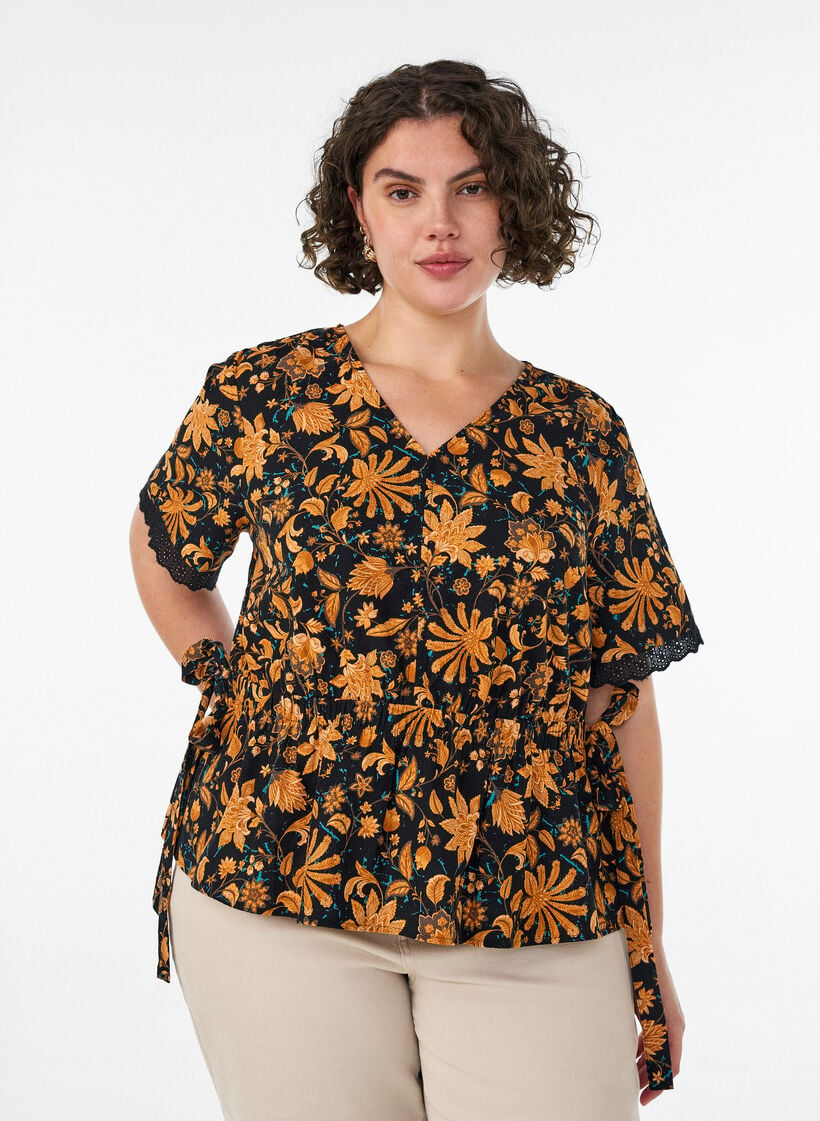 Katoenen blouse met bloemenprint en striksluiting, Oranje, Model image number 0