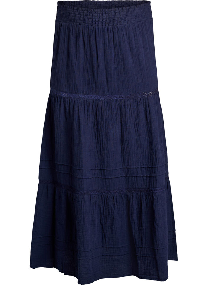 A-line midi skirt in cotton muslin with crochet band, Blauw, Packshot image number 0