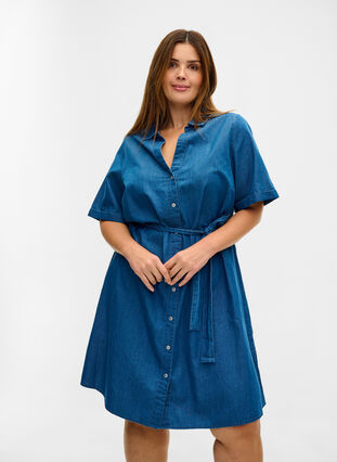 Katoenen denim jurk met tailleriem, Medium Blue, Model image number 0