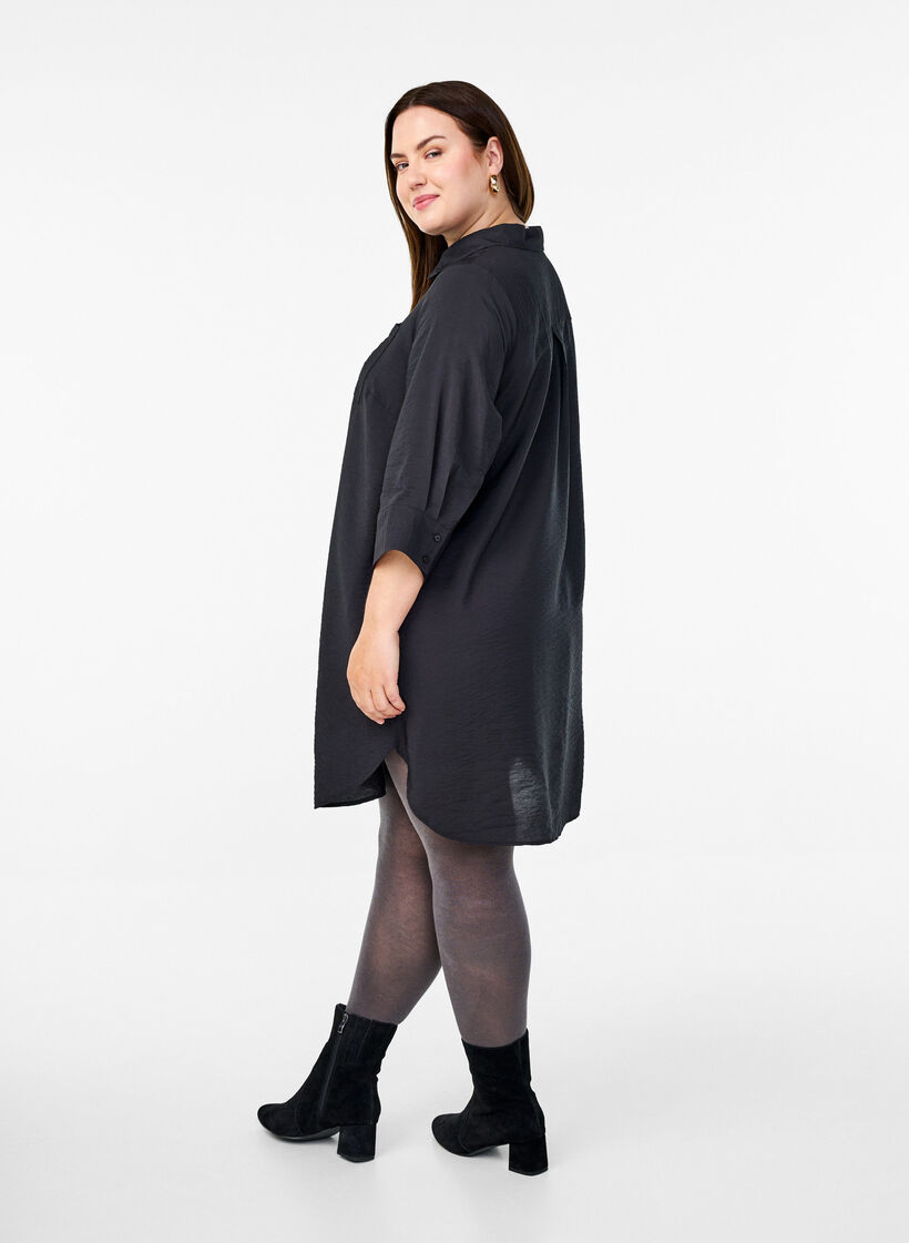 Korte jurk met kraag en borstzak, Zwart, Model image number 2