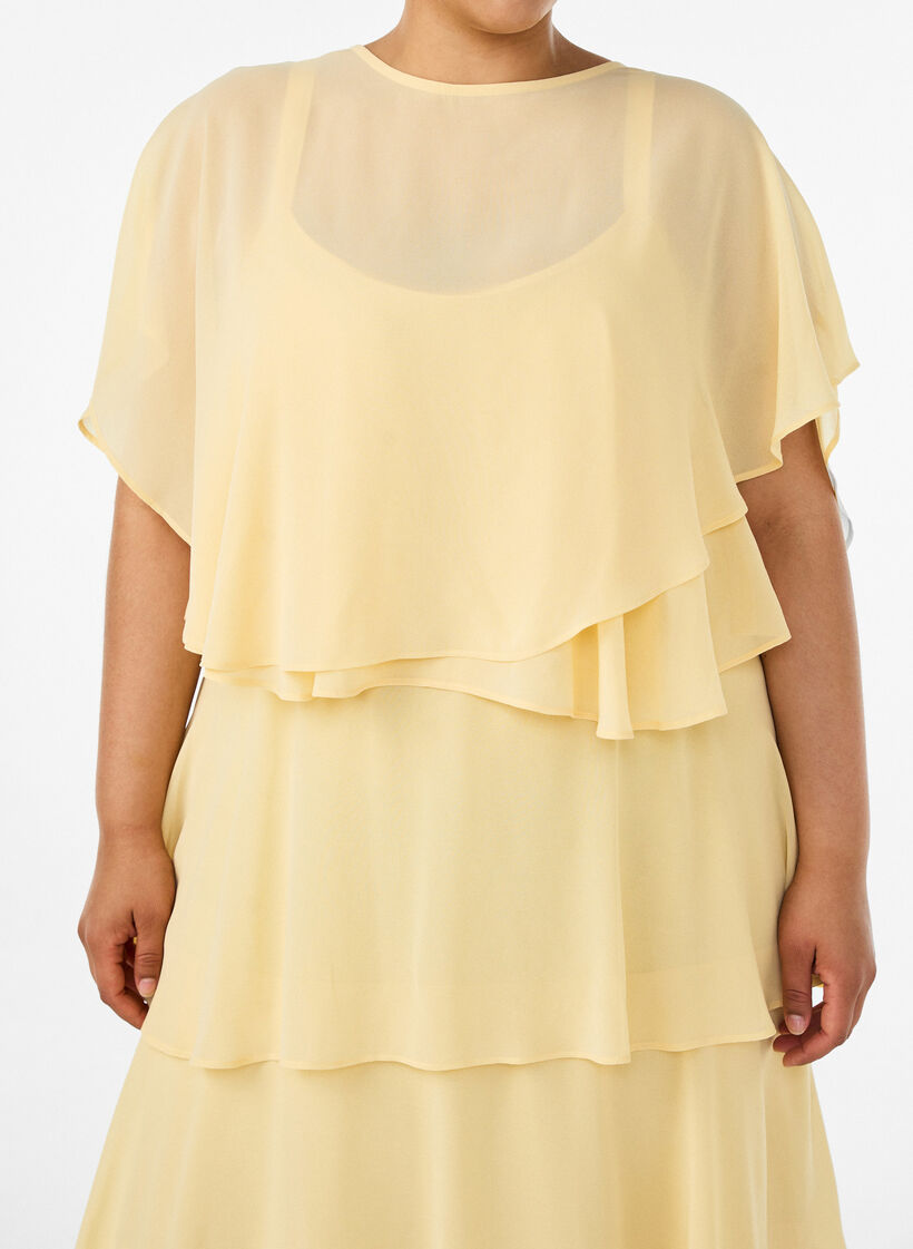 Maxi jurk met ruches en afneembare cape, Geel, Model image number 2