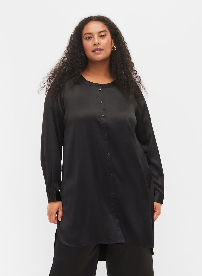 Lang glanzend shirt met split, Black, Model image number 0