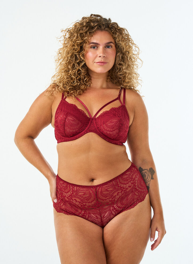 Hipsterstring zonder kruisje met kant en hoge taille, Rood, Model image number 0