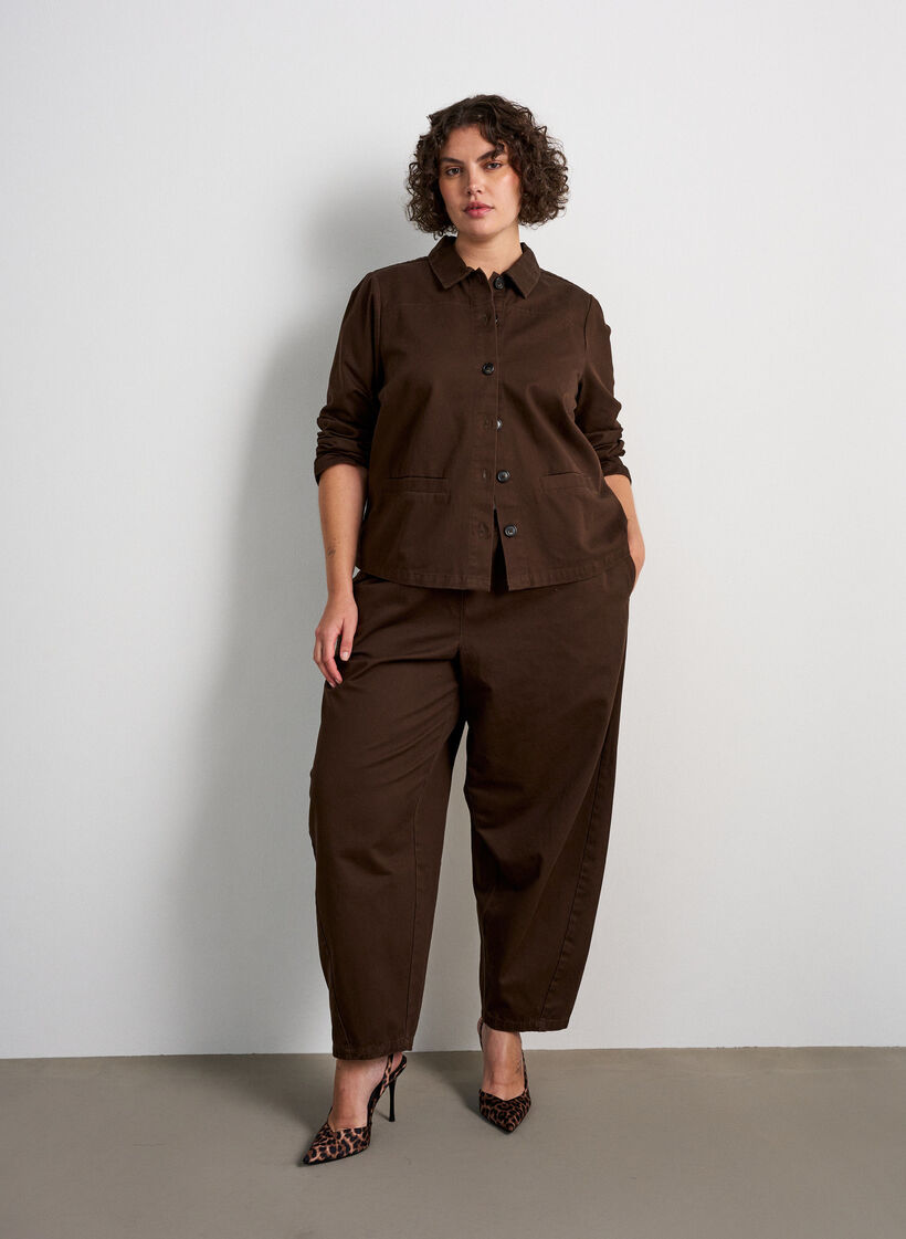 Barrel jeans met hoge taille en elastische tailleband, Bruin, Model image number 0