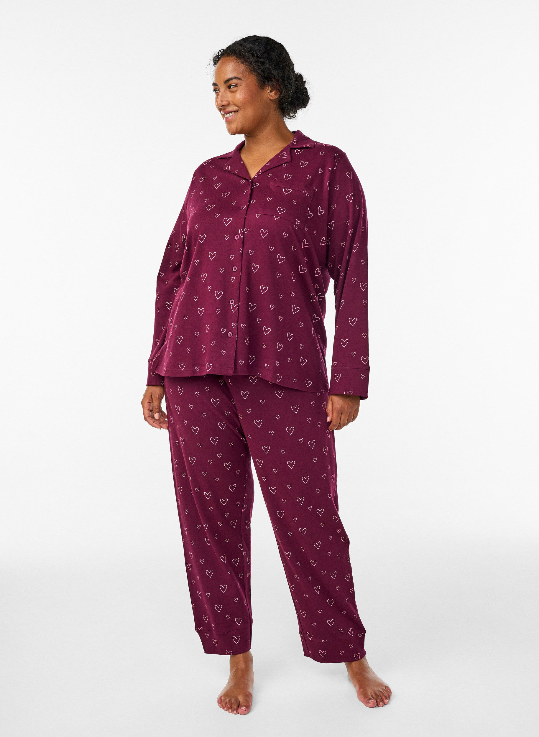 Zizzi Katoenen pyjamashirt met borstzak, Donker Bordeaux, Model image number 1