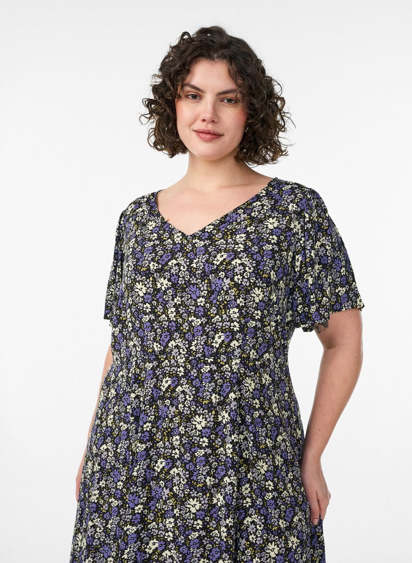 Viscose midi-jurk met bloemenprint, Zwart, Model image number 2
