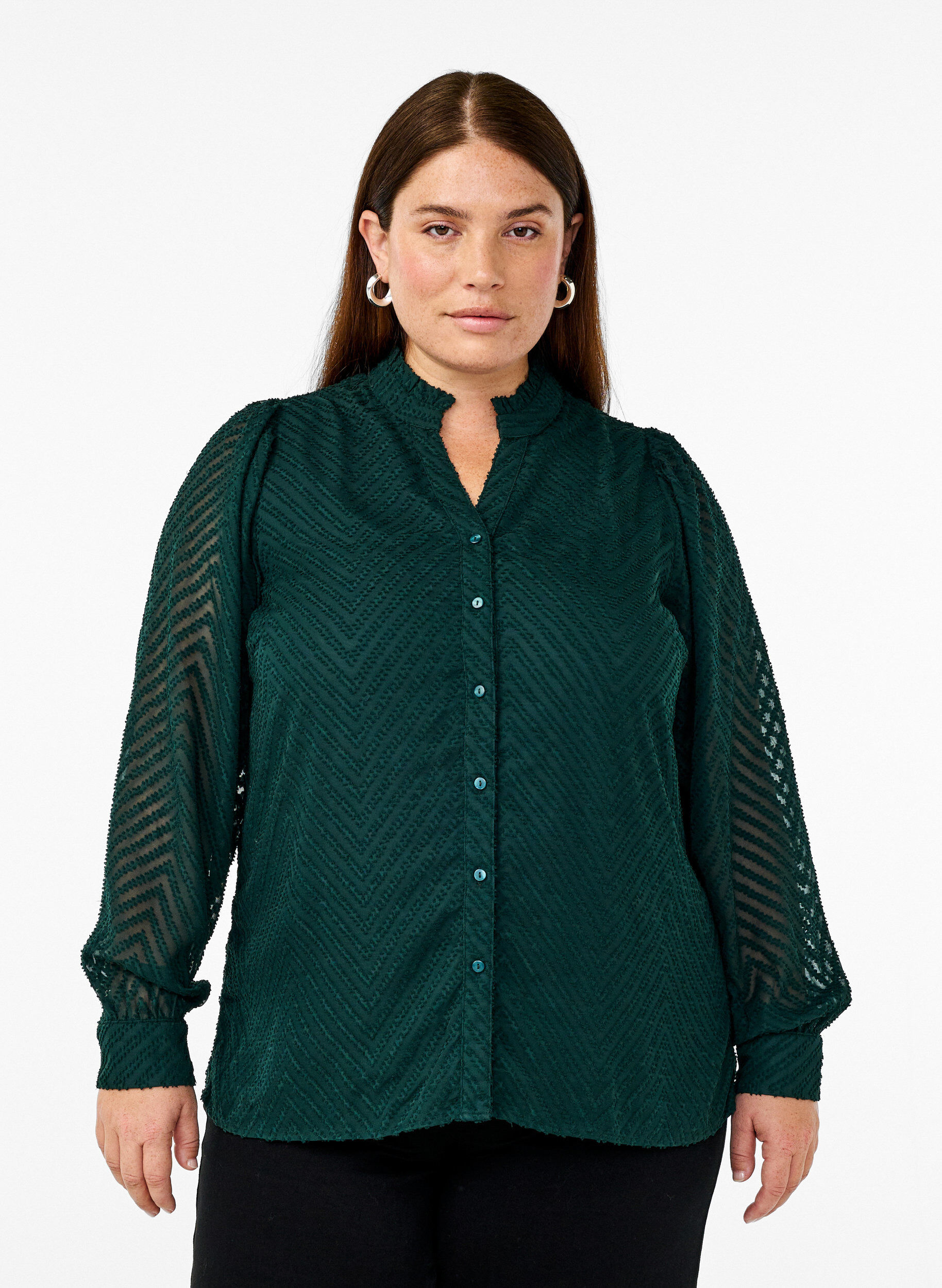 Zizzi Shirt met textuur en een gerimpelde kraag, Groen, Model image number 0