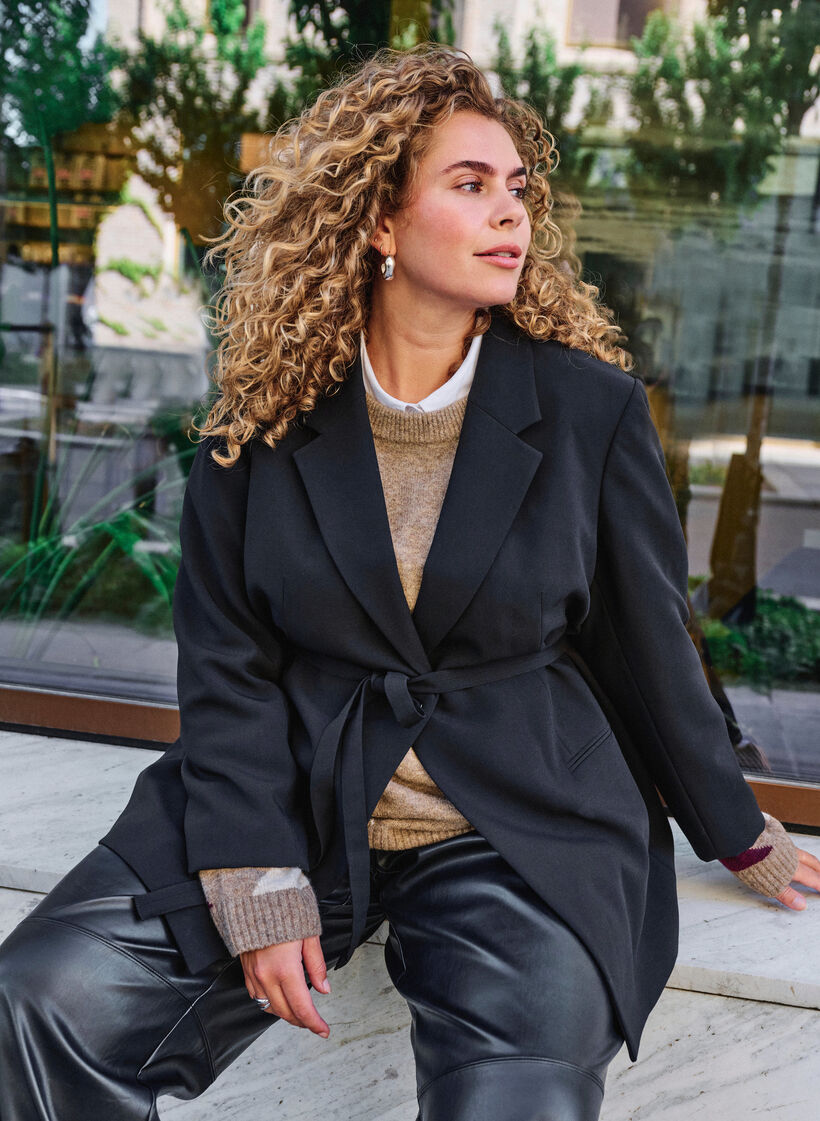 Blazer met afneembare strikceintuur, Zwart, Image image number 0