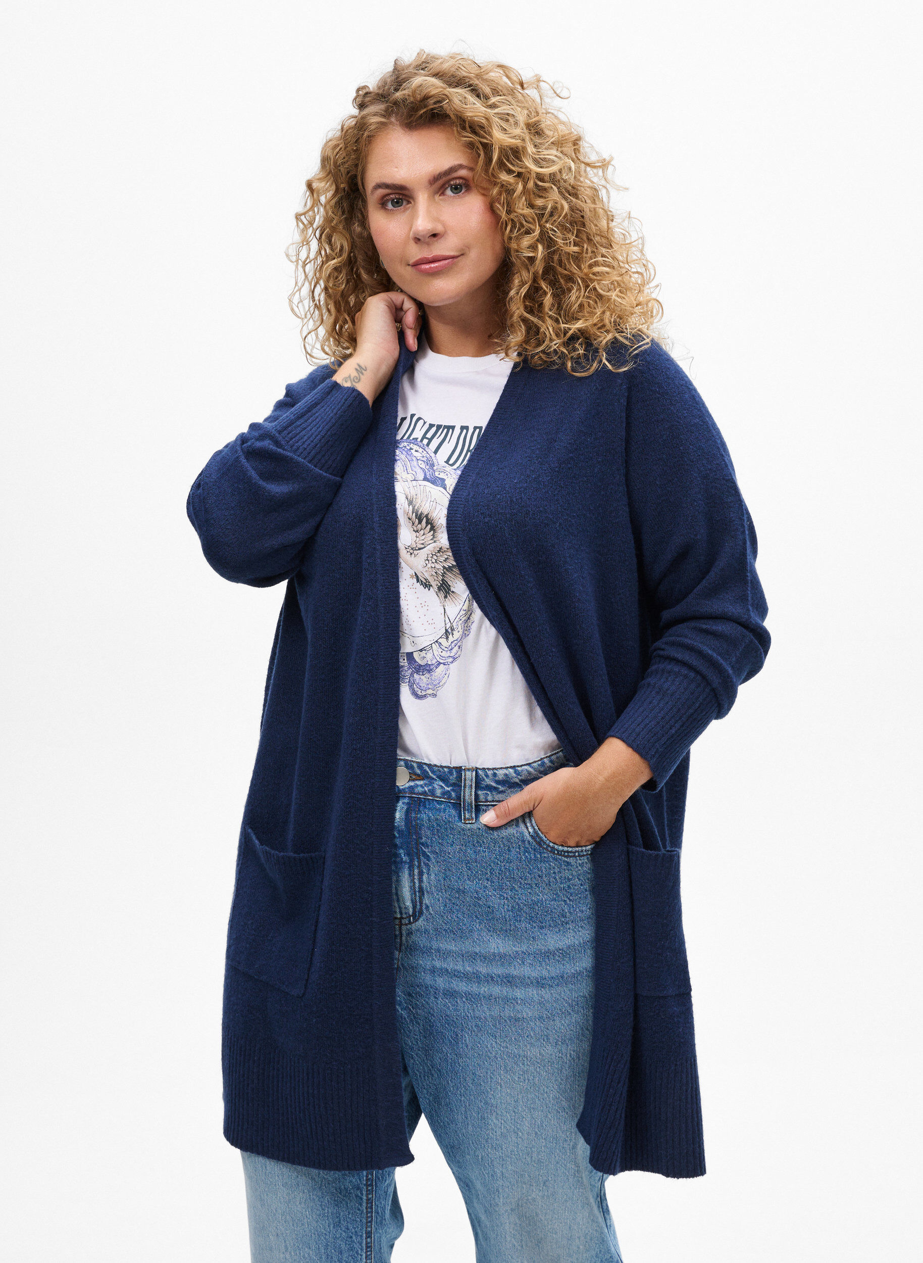 ZizziGeribd gebreid vest met zakken, Blauw, Model image number 0