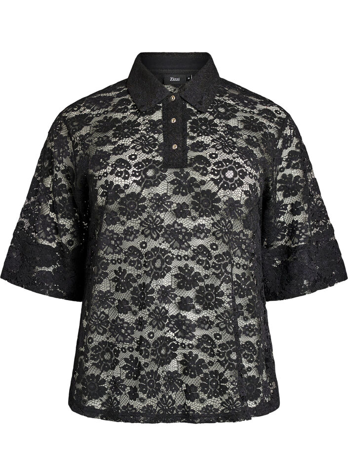 Kanten blouse met kraag en 1/2 mouwen, Zwart, Packshot image number 0