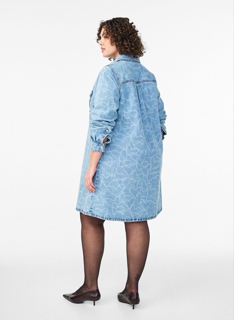 Denim jurk met hartjespatroon, Blauw, Model image number 2