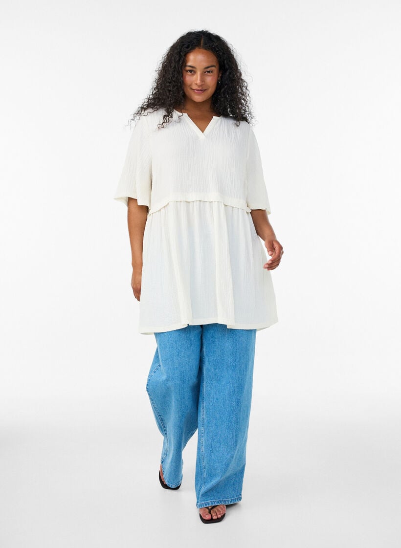 Tuniek met gekreukelde structuur en 1/2 mouwen, Vanille, Model image number 1