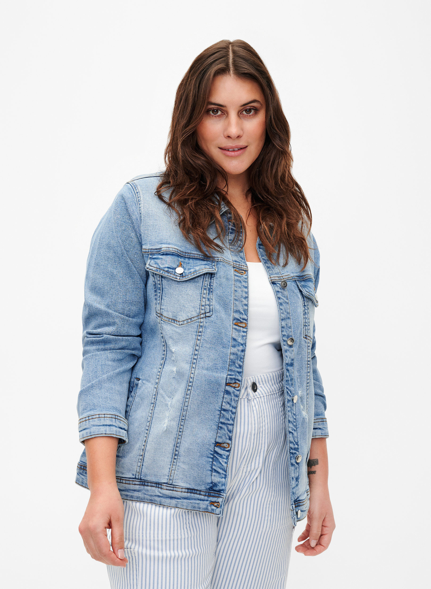 Zizzi Kort katoenen spijkerjasje, Light blue denim, Model image number 0