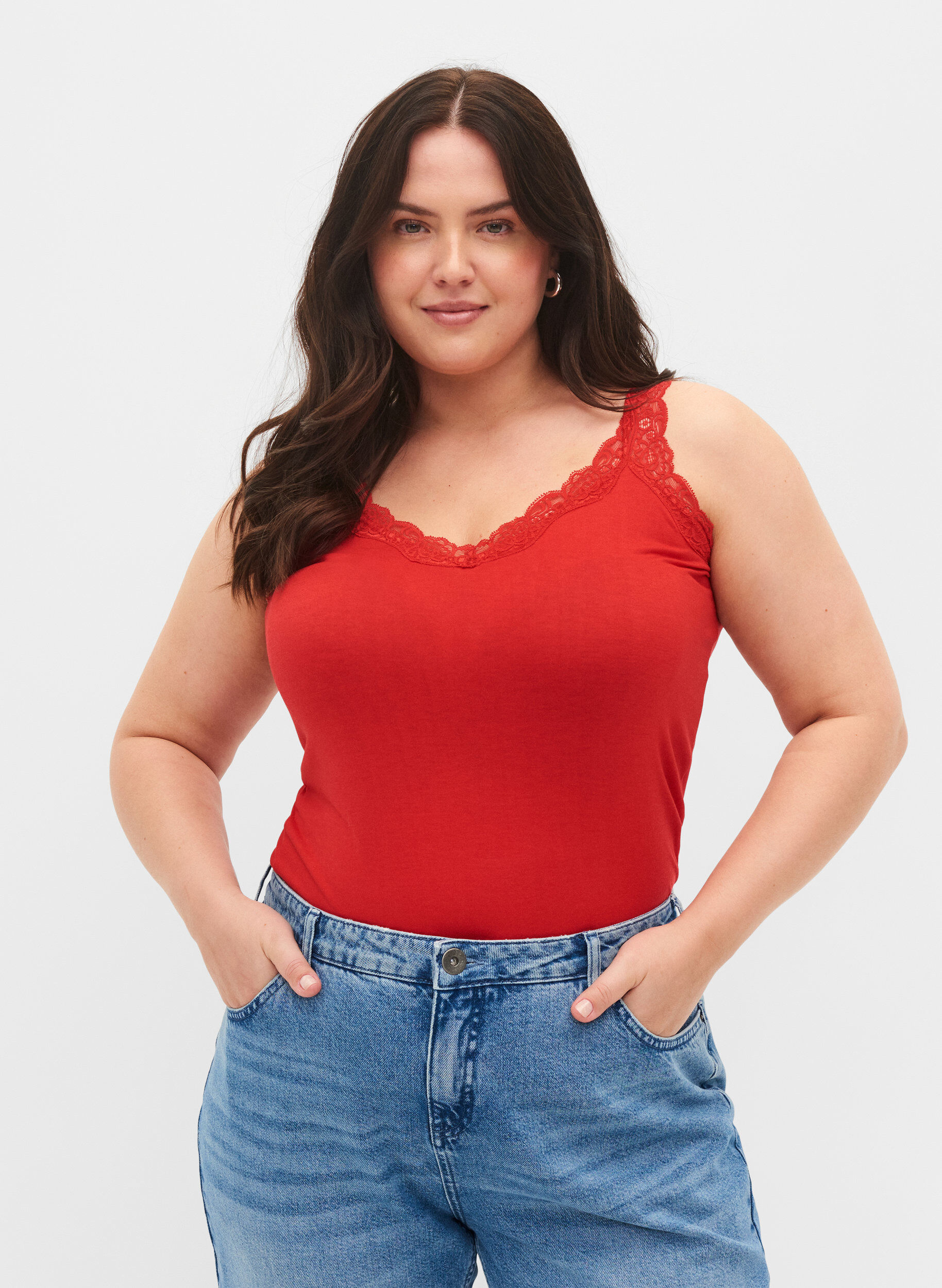 Zizzi 2-pack topjes met kant, Black/Chinese Red, Model image number 0