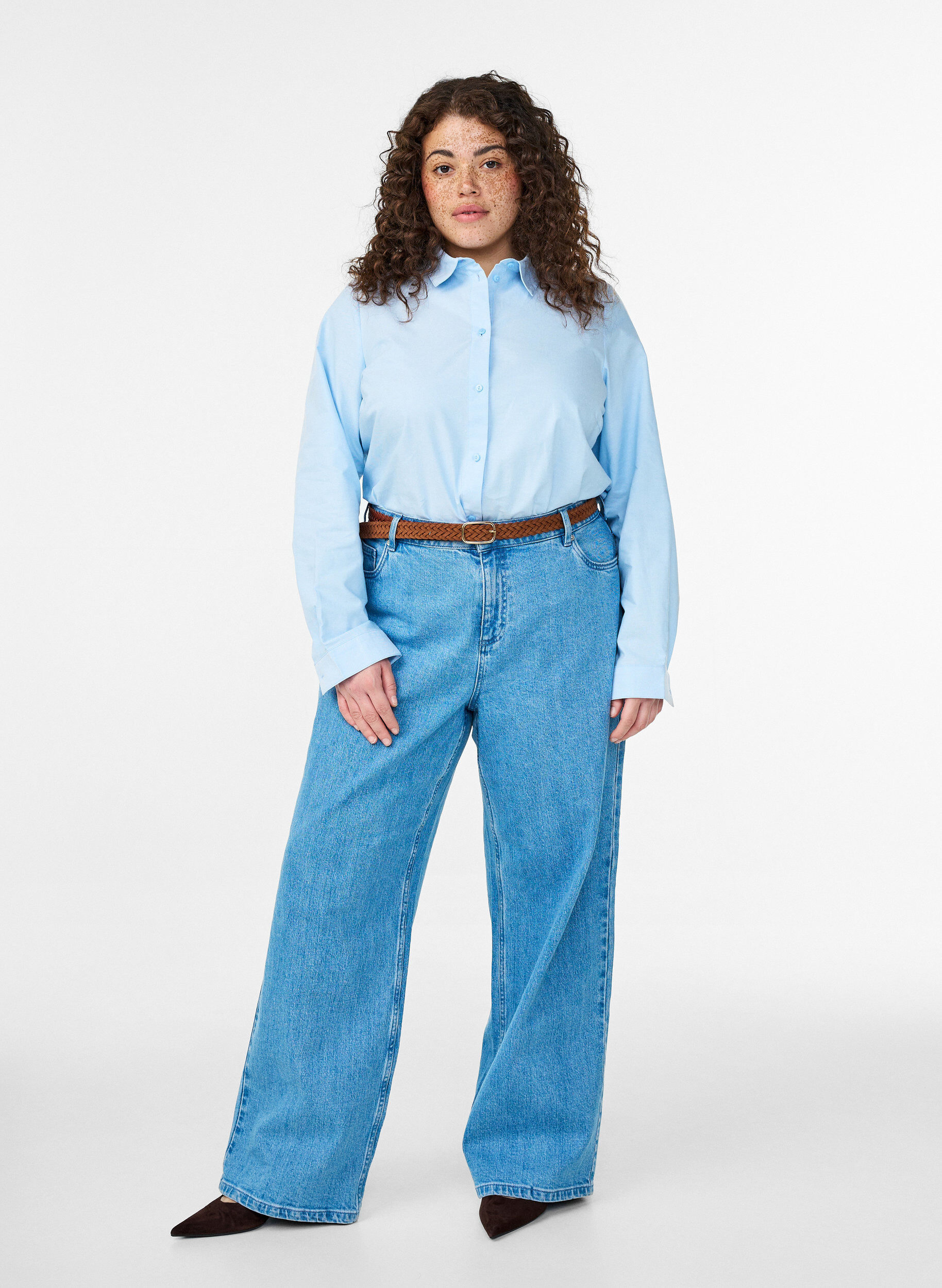 Zizzi Katoenen overhemd met lange mouwen, Blauw, Model image number 1