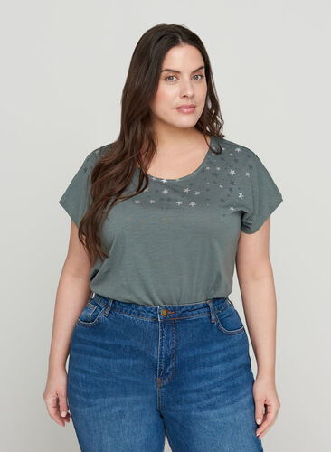 Katoenen t-shirt met korte mouwen en sterretjes, Balsam Green STARS, Model image number 0