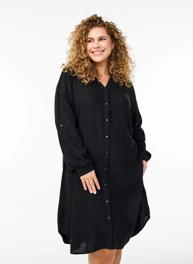 Lang shirt in linnen en viscose, Zwart, Model image number 0