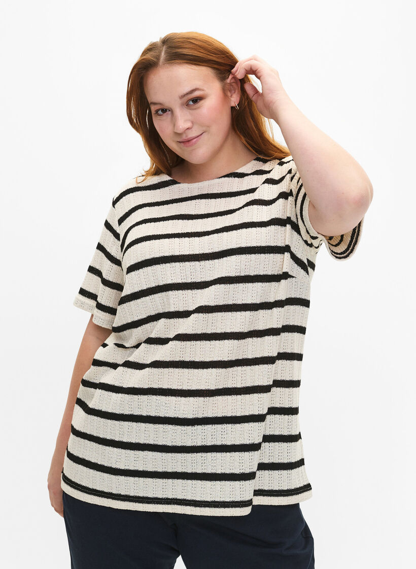 Blouse met korte mouwen en contrastkleurige strepen, Sand Black Stripe, Model image number 0