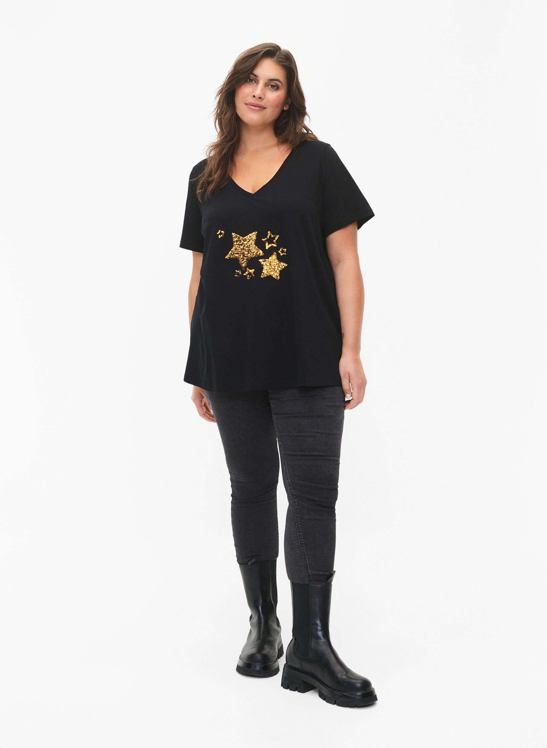 Zizzi Katoenen T-shirt met pailletten, Black W. Star, Model image number 2