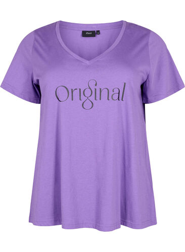Katoenen t-shirt met tekstopdruk en v-hals, Deep Lavender ORI, Packshot image number 0