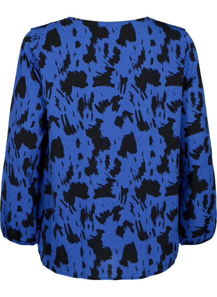 Blouse met lange mouwen en ruches, Black Blue AOP, Packshot image number 1