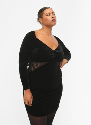 Korte velours jurk met kanten detail, Black, Model image number 0