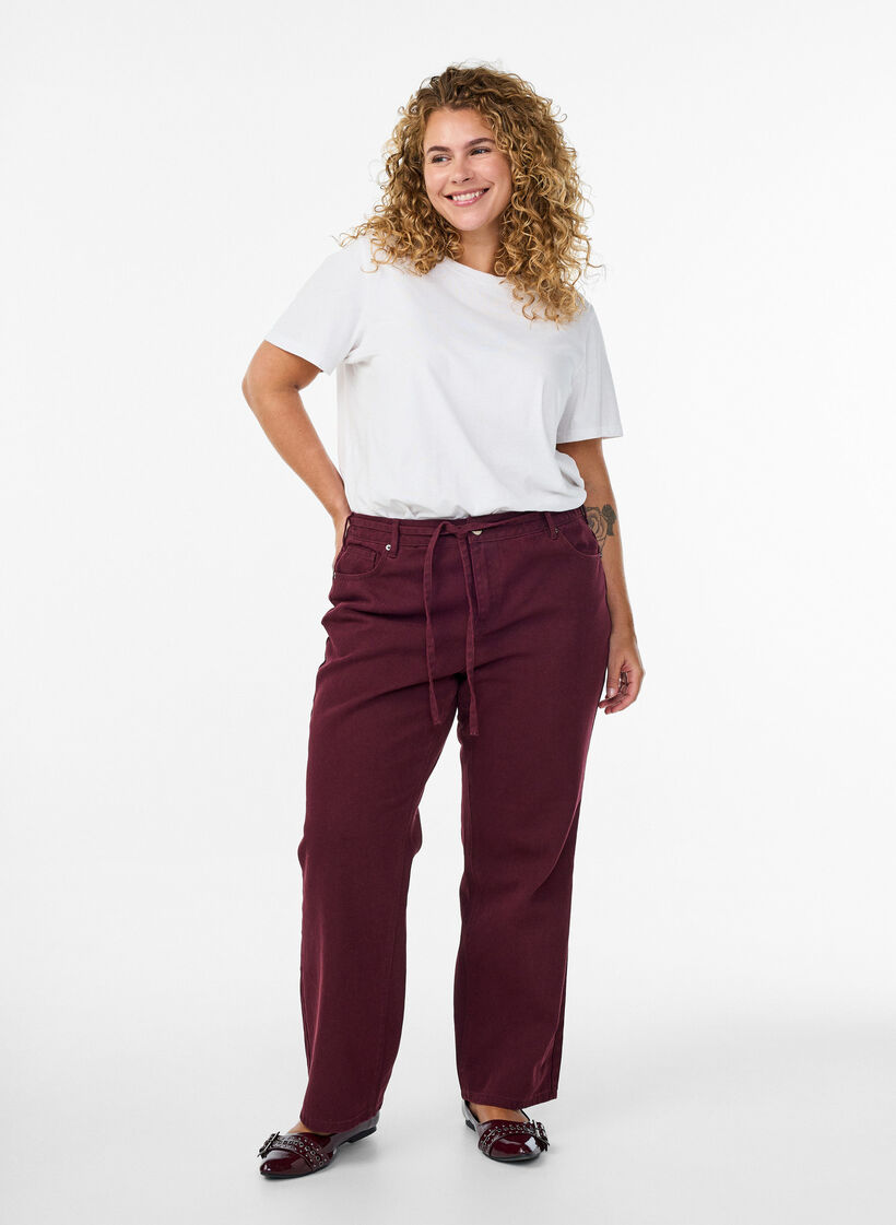 Gekleurde high-waist jeans met een strikceintuur, Rood, Model image number 0