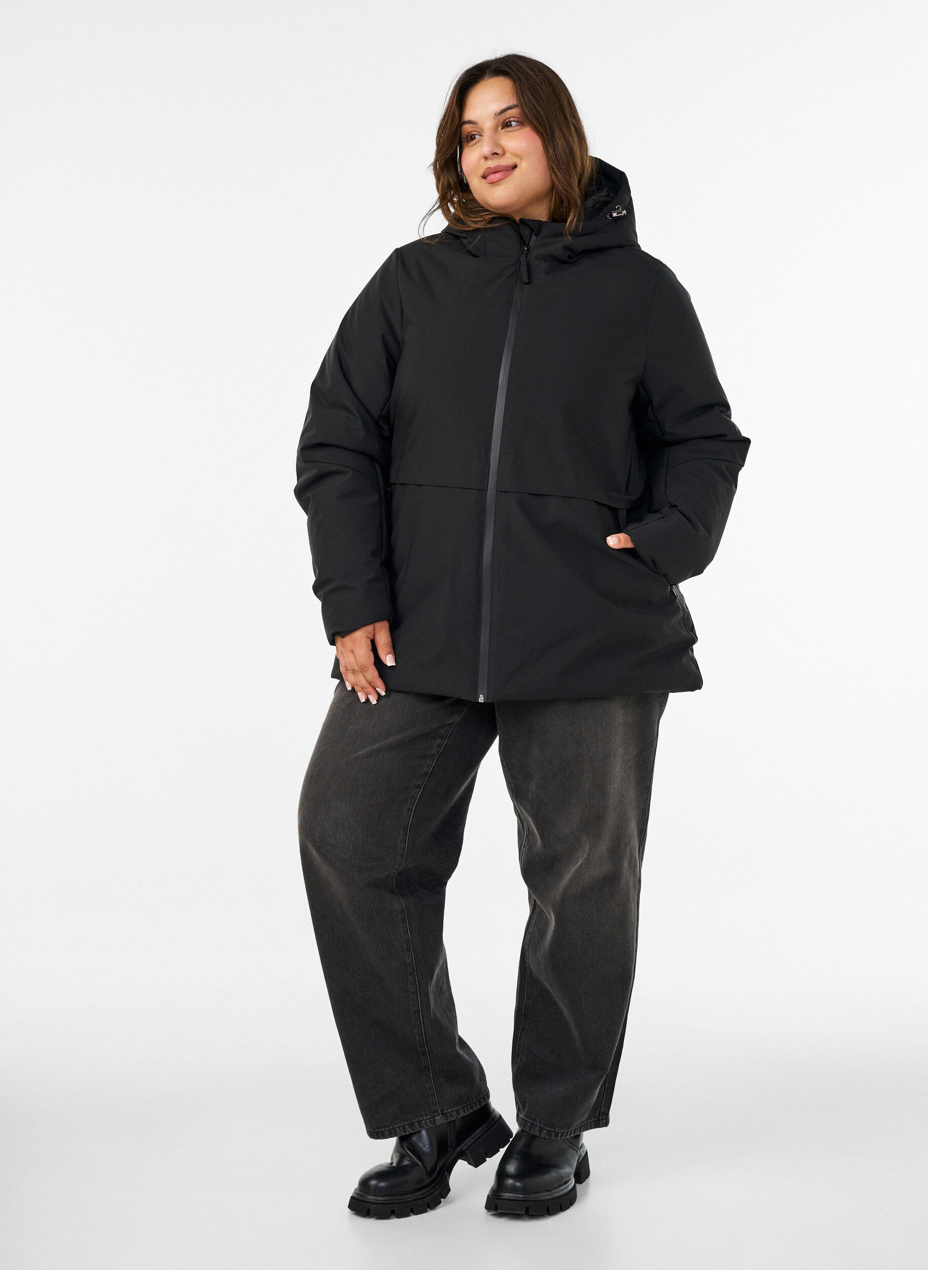 ZizziWinterjas met capuchon en verstelbare taille, Zwart, Model image number 1