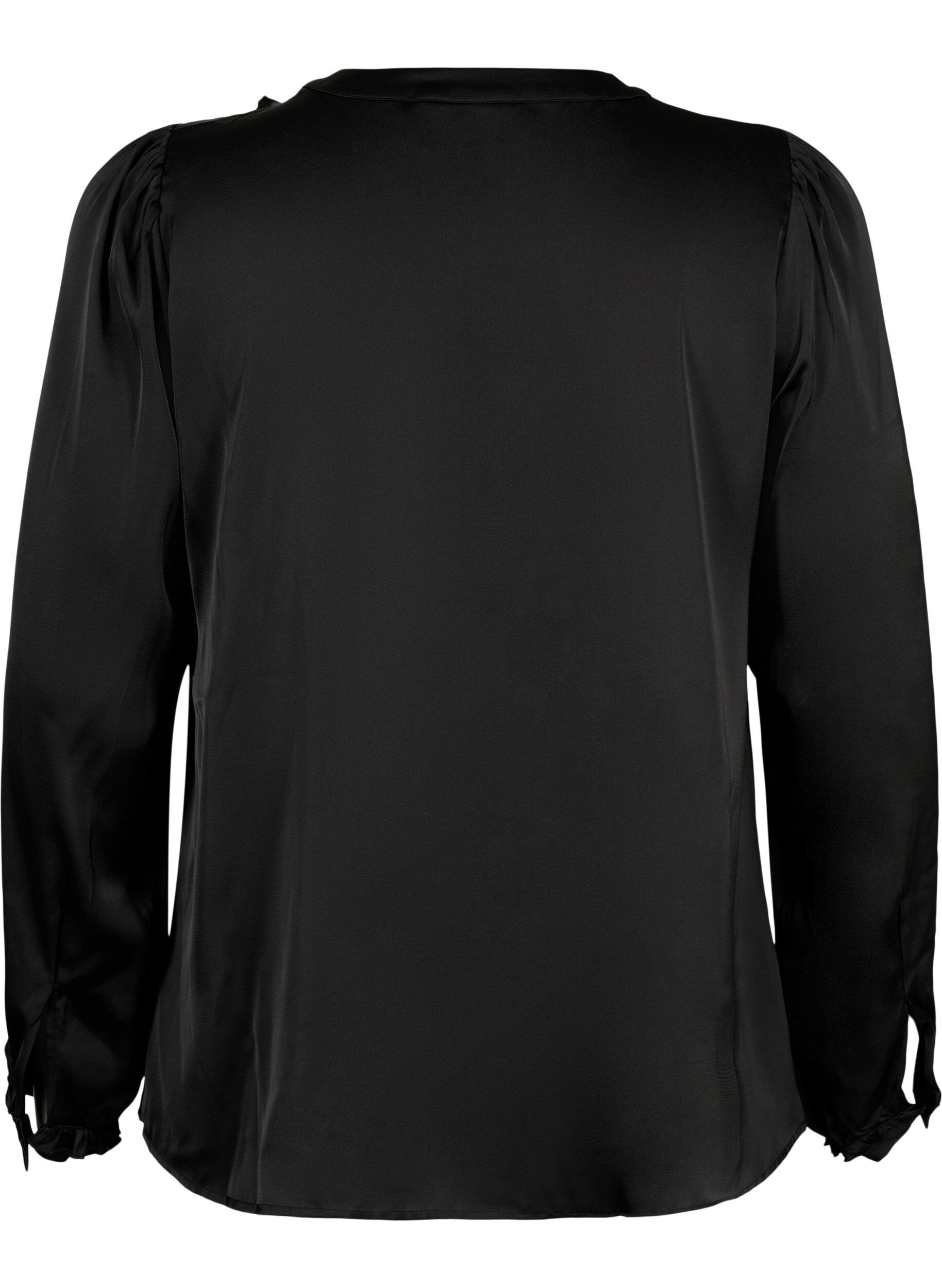 Zizzi Satijnen overhemd blouse met ruches, Black, Packshot image number 1