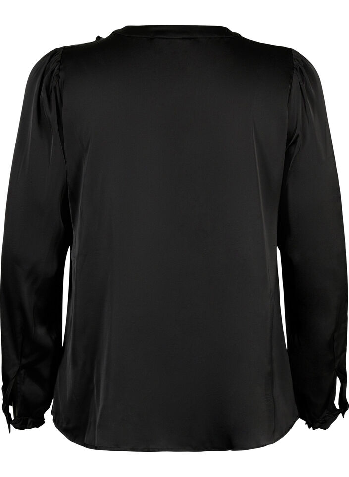 Satijnen overhemd blouse met ruches, Black, Packshot image number 1