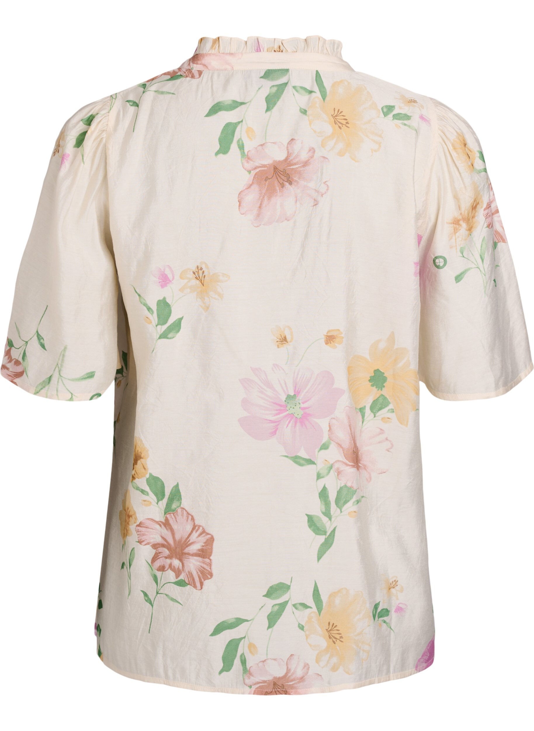 Zizzi Bloemenblouse met rucheskraag en mouwen 1/2, Beige, Packshot image number 1