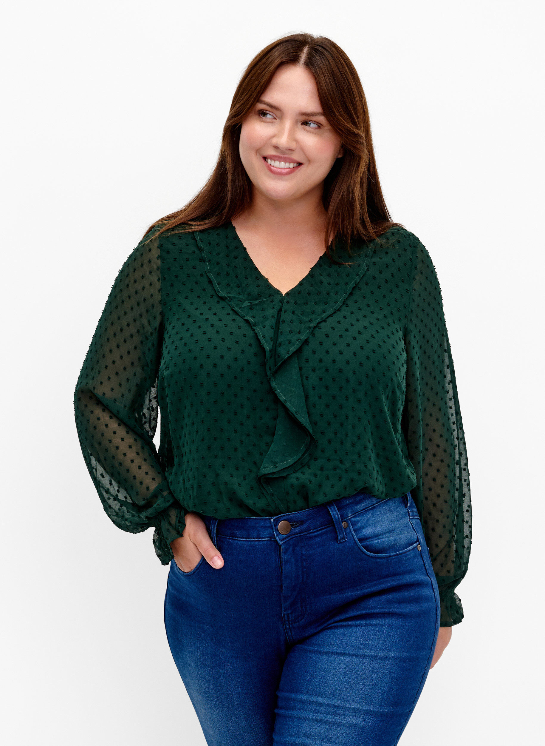 Zizzi Blouse met ruches en gestippelde structuur, Scarab, Model image number 0