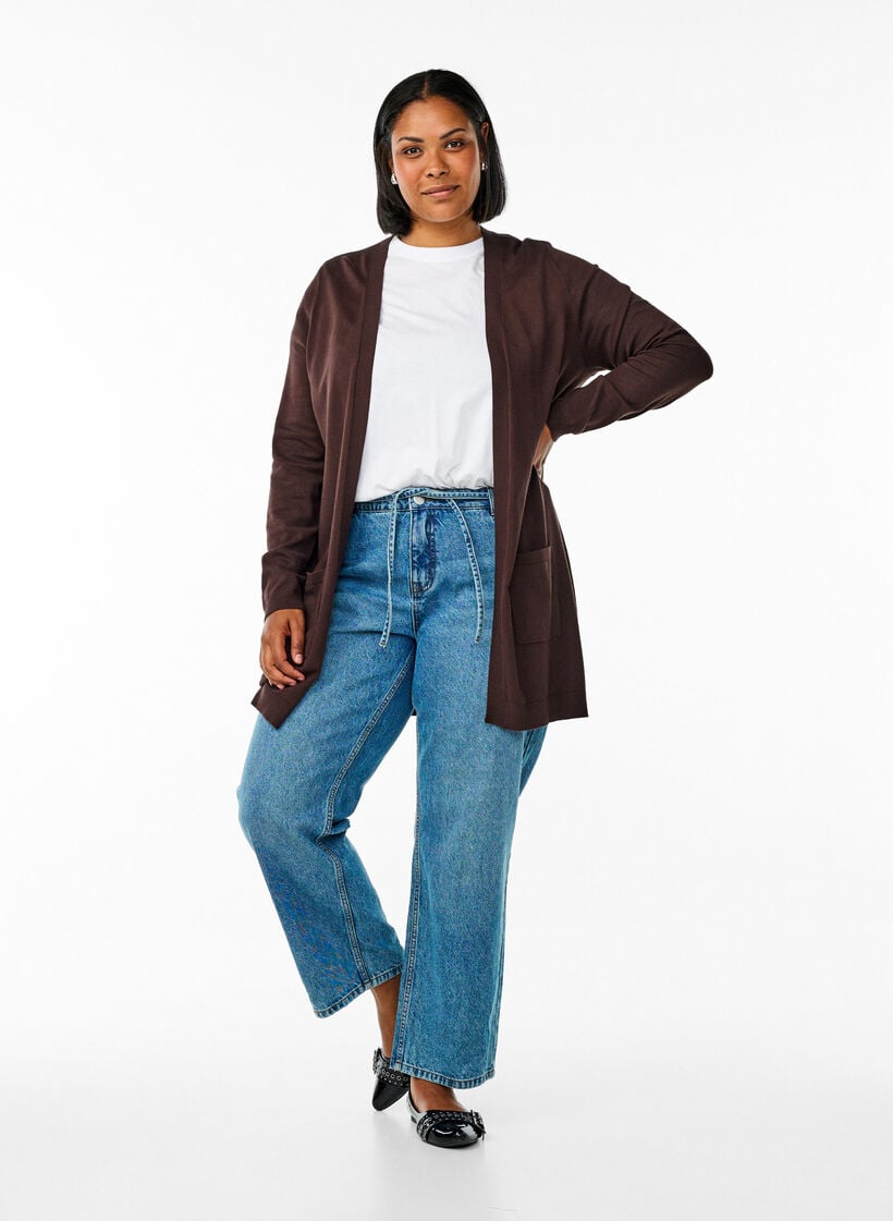 Lang gebreid vest van een viscose mix, Bruin, Model image number 1