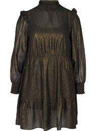 jurk met lange mouwen, smokwerk en ruches, Black w. Gold