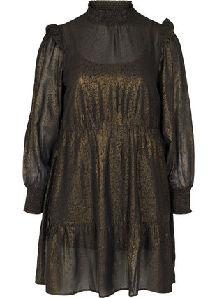 jurk met lange mouwen, smokwerk en ruches, Black w. Gold, Packshot image number 0
