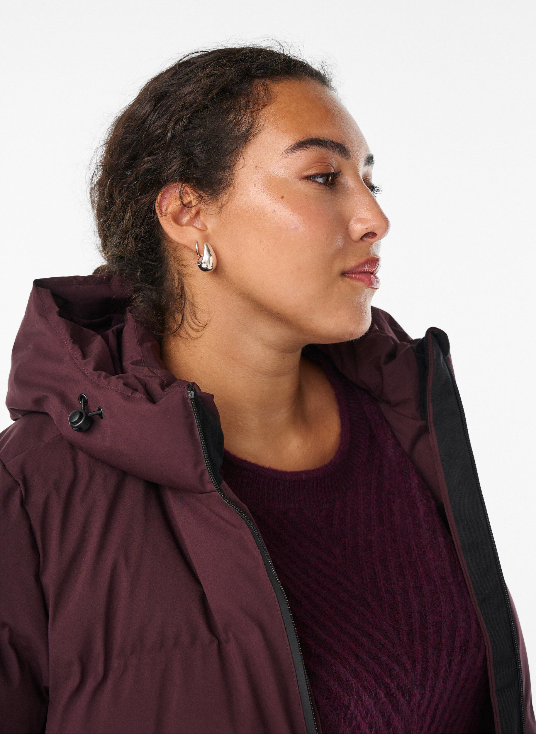 ZizziLange puffer winterjas met capuchon, Donker Bordeaux, Model image number 2