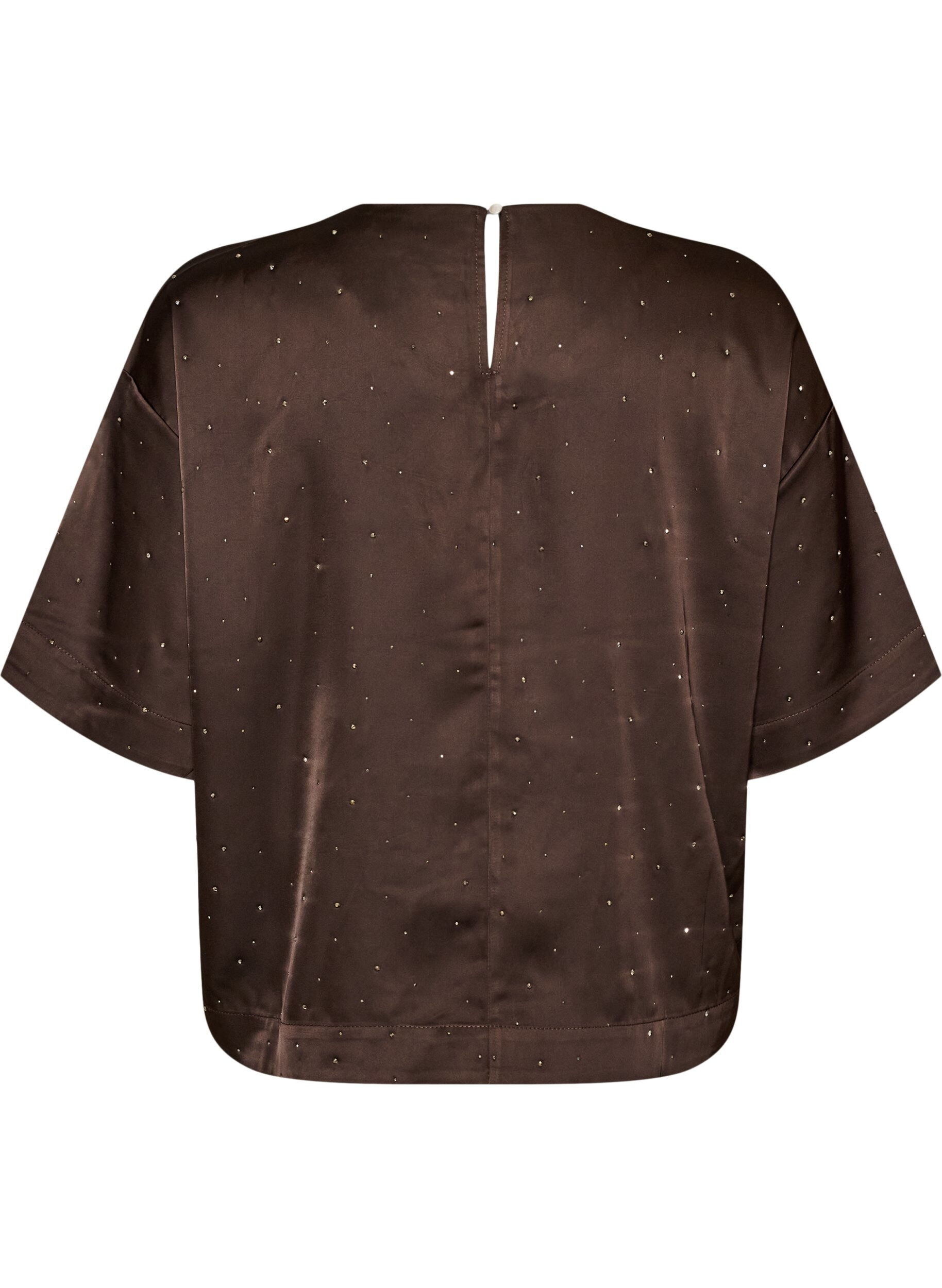 ZizziSatijnen blouse met strass en elleboogmouwen, Bruin, Packshot image number 1