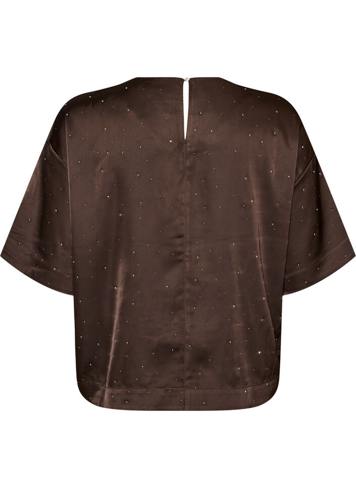 Satijnen blouse met strass en elleboogmouwen, Bruin, Packshot image number 1