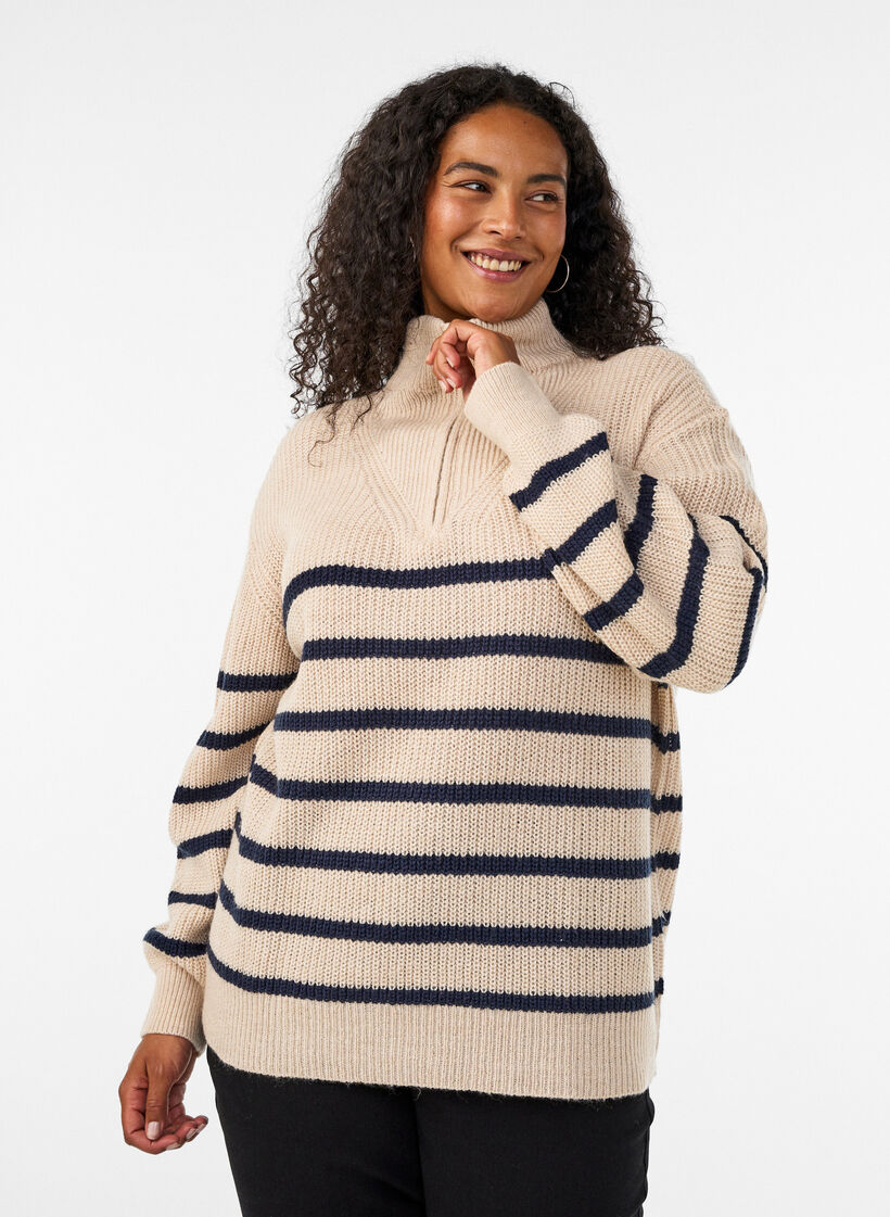 Gebreide trui met hoge hals en rits, Vanille, Model image number 0