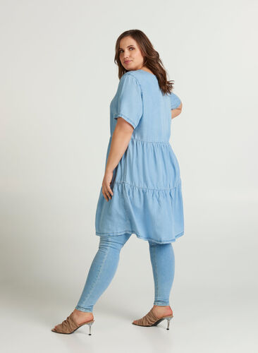 Denim jurk met korte mouwen en plooien, Light blue denim, Model image number 1