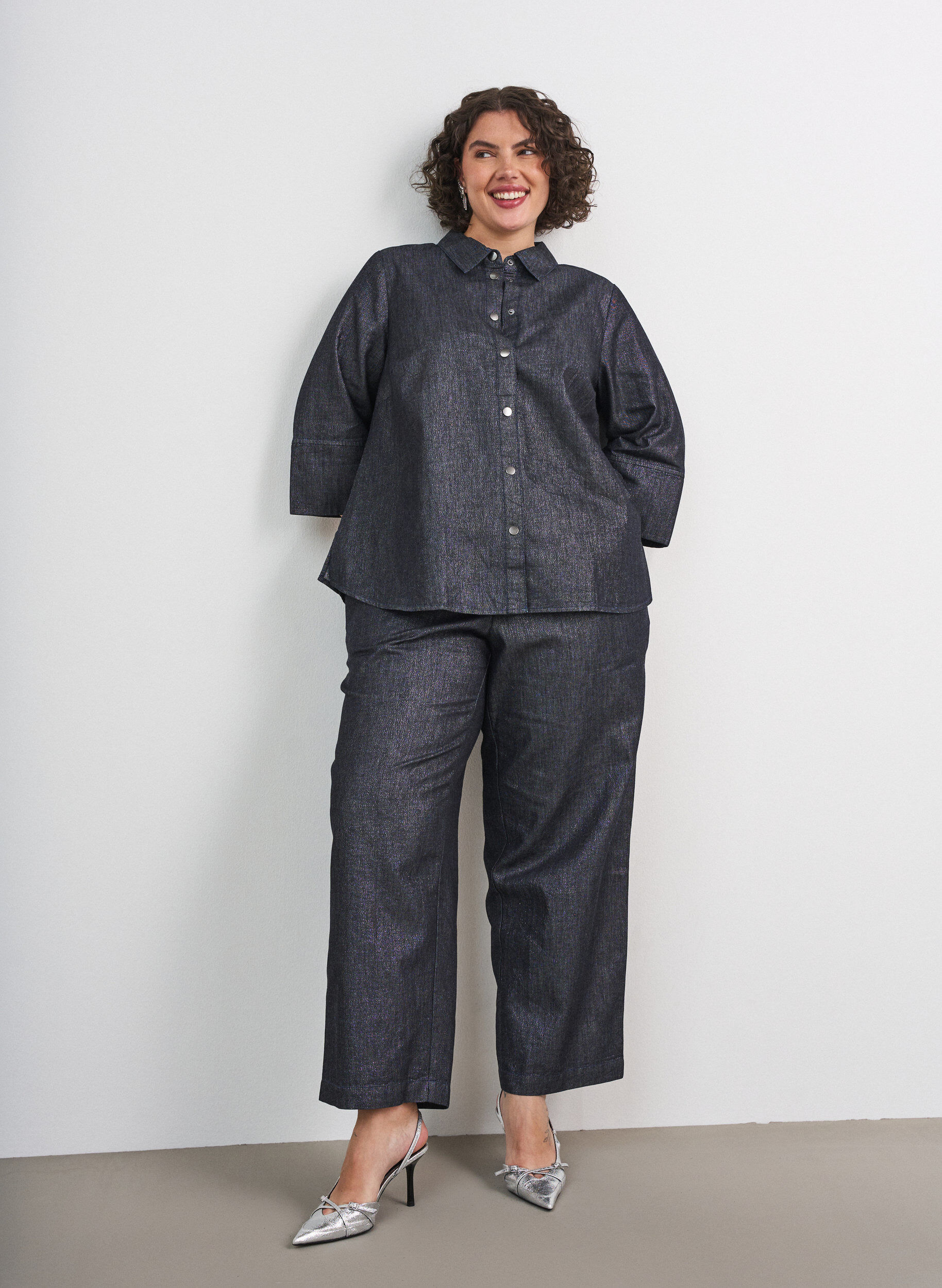 ZizziStraight-fit jeans met glitterdraad, Grijs, Model image number 0