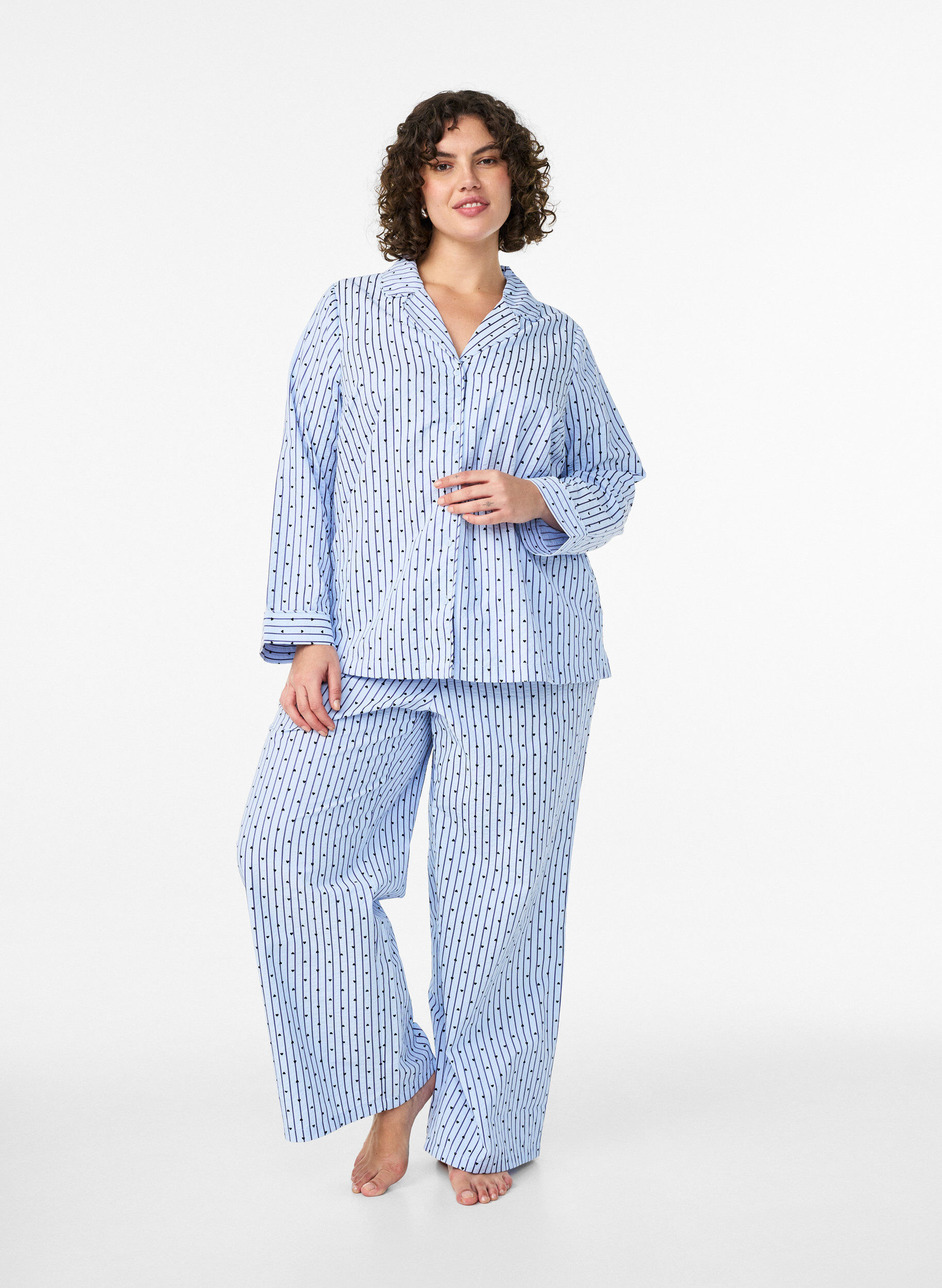 Zizzi Losse seersucker-pyjamabroek met hoge taille, Blauw, Model image number 0