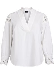 Blouse met V-hals en broderie anglaise details, Wit