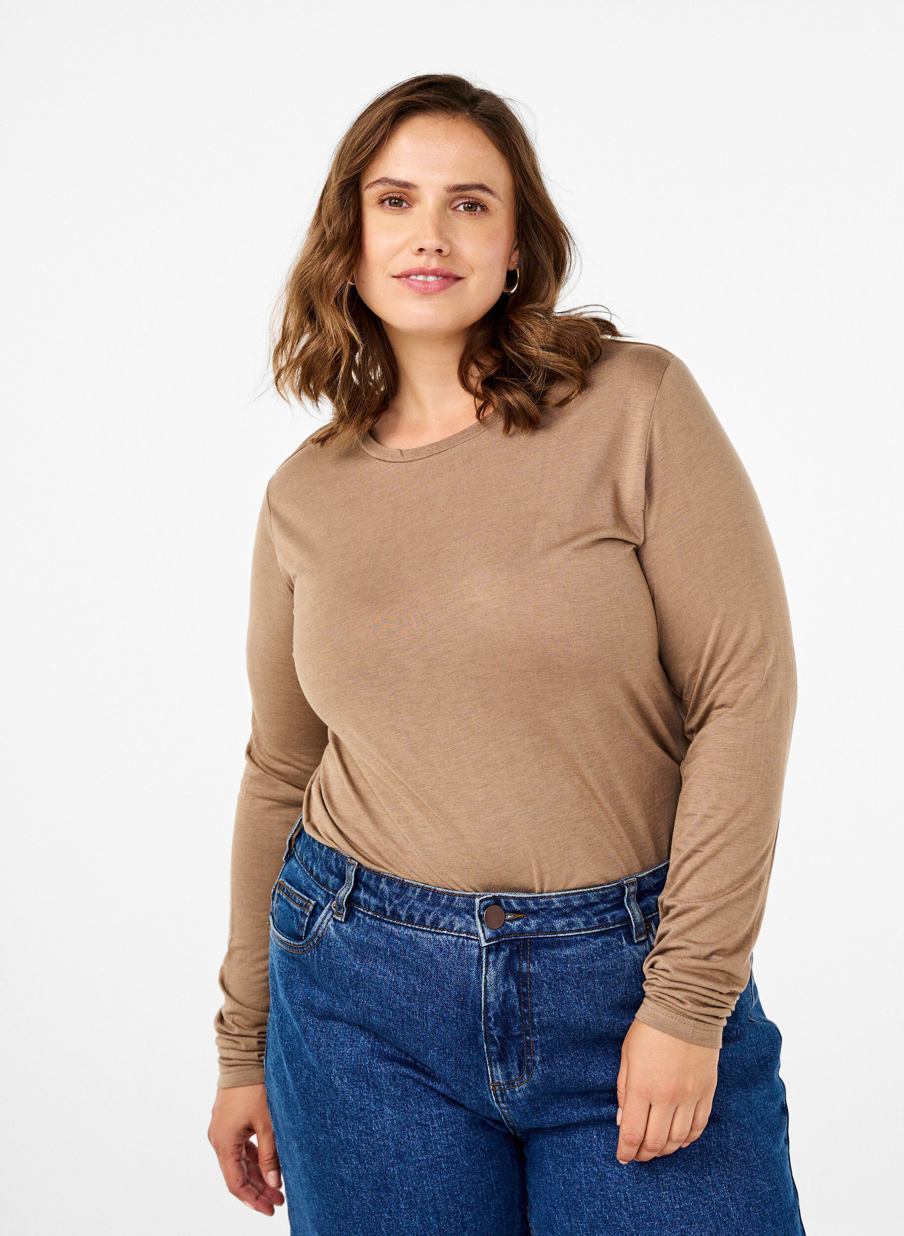 Blouse met lange mouwen van wol en viscose, Bruin, Model