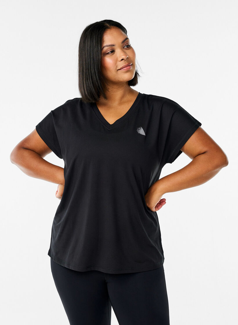 Losvallend trainings-T-shirt met V-hals, Zwart, Model