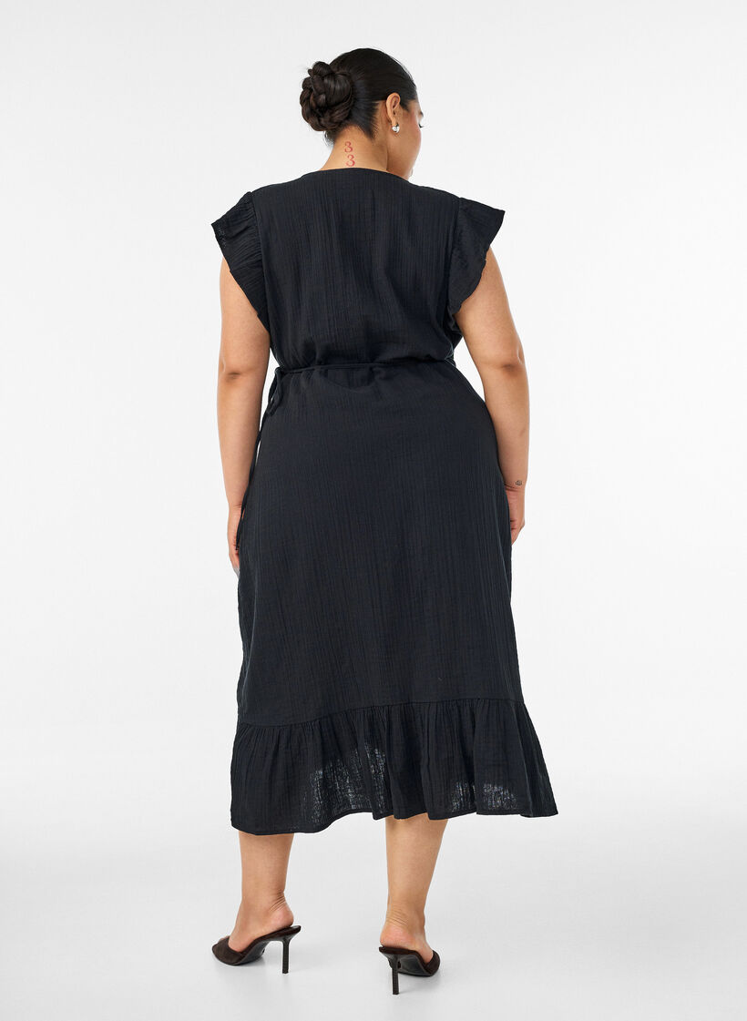 Omslagjurk in katoenen mousseline met ruches, Zwart, Model image number 1