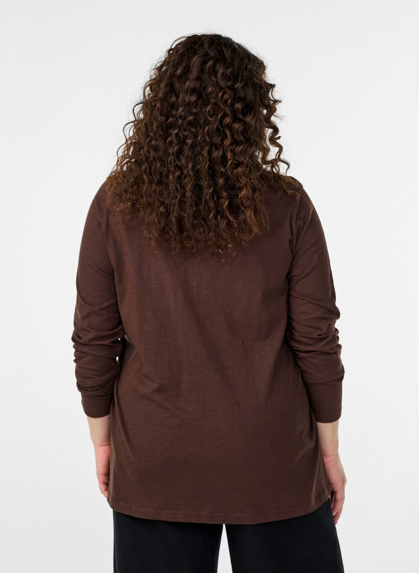 T-shirt met lange mouwen, V-hals en knopen, Bruin, Model image number 2